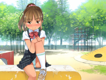 1girl artist_request black_skirt blush bow bowtie brown_hair high_ponytail loli looking_at_viewer manatsu_no_omotenashi_cd original outdoors panties playground pleated_skirt ponytail red_bow red_bowtie school_uniform shirt shoes sitting skirt socks sol-fa-soft solo striped_clothes striped_panties tree underwear upskirt white_shirt white_socks yellow_eyes