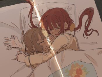 2girls blush brown_hair closed_eyes closed_mouth commentary crack_of_light cuddling futon idolmaster idolmaster_million_live! matsuda_arisa multiple_girls nfmmpx_zfmmpx open_mouth pillow red_hair shirt short_hair sleeping suou_momoko twintails under_covers yellow_shirt yuri