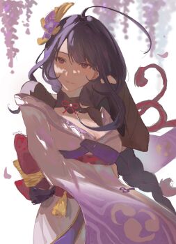 1girl ahoge artist_name back_bow blunt_bangs blurry blurry_background bow braid breasts bridal_gauntlets cleavage clothing_cutout depth_of_field flower genshin_impact hair_flowing_over hair_ornament head_tilt highres japanese_clothes kimono large_breasts long_braid long_sleeves mitsudomoe_(shape) mole mole_under_eye off_shoulder parted_lips purple_eyes purple_hair purple_kimono raiden_shogun red_sash sash shade shaded_face shoulder_cutout single_braid solo sym_(sym157a) tomoe_(symbol) twitter_username white_background wide_sleeves wisteria