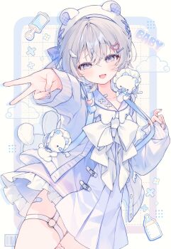 1girl animal_ears artist_request baby_bottle backpack bag bandaid bandaid_on_leg barcode bear bear_hair_ornament bear_hat blush bottle bouquet buckle fake_animal_ears flower garter_straps good_oshi_day grey_background grey_eyes grey_hair hair_ornament hat heart heart_hair_ornament heart_ornament highres o-ring open_mouth pacifier rattle skirt smile stuffed_animal stuffed_toy sweater teddy_bear v wing_hair_ornament x_ornament