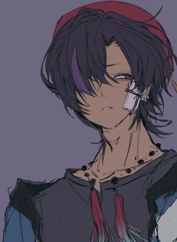 1boy black_hair black_shirt character_request commentary_request copyright_request dark-skinned_male dark_skin gauze gauze_on_cheek gauze_on_face hair_over_one_eye hat highres jewelry looking_to_the_side male_focus multicolored_hair necklace okubatomaeba one_eye_covered parted_bangs parted_lips purple_background purple_eyes purple_streaks red_hat shirt short_hair simple_background single_hair_streak solo streaked_hair upper_body