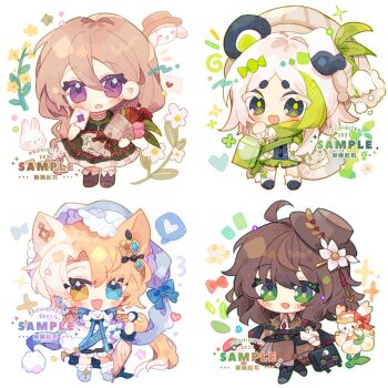 4girls :d animal_ears bear_ears bear_girl black_shoes black_shorts blue_eyes blue_hat blush_stickers boots brown_boots brown_capelet brown_dress brown_hair brown_hat capelet chibi chibi_only commentary commission double-parted_bangs dress fang full_body green_dress green_eyes green_hair green_shorts hair_between_eyes hat heterochromia highres holding holding_suitcase jacket long_hair long_sleeves looking_at_viewer mirta multicolored_hair multiple_girls open_clothes open_jacket open_mouth orange_eyes orange_hair original parted_bangs purple_eyes shoes short_hair shorts simple_background skin_fang smile socks standing suitcase symbol-only_commentary thick_eyebrows two-tone_hair watermark white_background white_hair white_jacket white_socks
