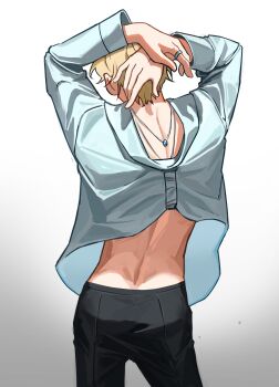 1boy absurdres alien_stage back black_pants blonde_hair commentary english_commentary from_behind highres index_ring jewelry kuradrawings long_sleeves luka_(alien_stage) male_focus necklace pants ring shirt short_hair solo white_shirt