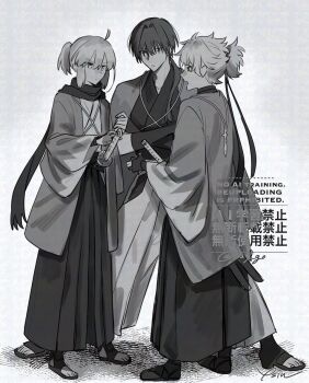 1girl 2boys ahoge arm_guards azf_go black_hakama black_scarf crossed_arms fate/grand_order fate_(series) gloves greyscale hair_intakes hair_over_shoulder hakama haori haori_on_shoulders harada_sanosuke_(teal_haori_and_hakama)_(fate) height_difference high_ponytail japanese_clothes katana kimono long_hair low_ponytail monochrome multiple_boys okita_souji_(fate) okita_souji_(teal_haori_and_hakama)_(fate) partially_fingerless_gloves ponytail sandals scarf sheath sheathed shinsengumi_(fate) short_ponytail sidelocks sword tasuki toudou_heisuke_(fate) toudou_heisuke_(third_ascension)_(fate) waraji watermark weapon white_hakama white_kimono