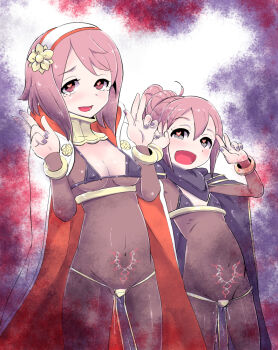 2girls :d alternate_costume black_nails bodystocking breasts cape cleavage commentary_request corruption covered_erect_nipples covered_navel dark_mage_(fire_emblem_awakening) double_w eyes_of_grima female_kana_(fire_emblem) fire_emblem fire_emblem_fates flat_chest gold_trim gradient_background grey_eyes hairband hands_up happy heart heart-shaped_pupils loli looking_at_viewer mother_and_child mother_and_daughter multiple_girls nail_polish nintendo open_mouth parent_and_child pelvic_curtain pink_eyes pink_hair pubic_tattoo pubic_tattoo_visible_through_clothes purple_cape purple_nails pussy_juice red_trim sakura_(fire_emblem) sasakimuu see-through_clothes small_breasts smile symbol-shaped_pupils tattoo two-tone_cape w white_hairband