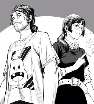 1boy 1girl beard belt breasts collared_shirt commentary_request cup facial_hair from_below frown glasses greyscale hair_over_shoulder hatching_(texture) highres holding holding_cup iborn_(kameido_o_asobi_gumi) kameido_o_asobi_gumi lee_(dragon_garou) medium_breasts monochrome ponytail round_eyewear shirt skirt smile t-shirt taka_(kameido_o_asobi_gumi)