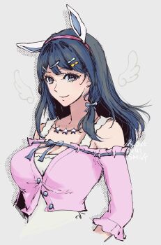 1girl bare_shoulders blue_hair breasts closed_mouth commentary commentary_request cropped_torso english_commentary fire_emblem hair_ornament hairband hairclip highres long_hair looking_at_viewer mixed-language_commentary nintendo oribe_tsubasa pink_shirt shirt smile solo tokyo_mirage_sessions_fe twitter_username umi_(oneinchswing) upper_body