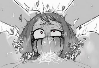 1boy 1girl artist_request boku_no_hero_academia deepthroat fellatio heart heart-shaped_pupils irrumatio makeup monochrome oral runny_makeup short_hair sidelocks solo_focus sound_effects symbol-shaped_pupils uraraka_ochako