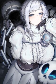 1girl absurdres akershus_fortress_(oshiro_project) badge black_corset black_gloves blue_cape blue_eyes blush bodysuit braid breasts cape center_frills chain closed_mouth commentary commission corset english_commentary floating_skull frilled_shirt frills fur-trimmed_cape fur_trim gloves grey_hair hair_ornament half-closed_eyes hand_on_own_cheek hand_on_own_face highres holding holding_chain large_breasts long_sleeves marse_(rokudaime) oshiro_project:re shirt skeb_commission solo swept_bangs thighs tight_clothes white_bodysuit white_shirt