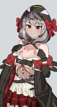 1girl absurdres bare_shoulders belt belt_buckle bow braid breasts buckle caution_tape cleavage collarbone fingerless_gloves garter_straps gloves grey_background grey_hair hair_ornament hairclip halterneck hands_on_own_chest hands_up highres hololive hood large_breasts looking_at_viewer off-shoulder_jacket off_shoulder plaid_clothes plaid_skirt red_eyes sakamata_chloe shoker sidelocks simple_background skirt smile solo spookm standing thighs
