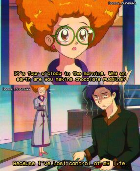 1990s_(style) 1boy 1girl brenni_murasaki didi_pickles earrings english_text glasses highres jewelry open_mouth orange_eyes orange_hair purple_hair retro_artstyle robe round_eyewear rugrats scene_reference sleepy spoilers stu_pickles why_on_earth_are_you_making_chocolate_pudding_(meme)