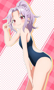 1girl absurdres closed_mouth colored_sclera high_ponytail highres ishigakiseiya kunoichi_tsubaki_no_mune_no_uchi light_smile loli ponytail purple_hair red_eyes sazanka_(kunoichi_tsubaki_no_mune_no_uchi) solo swimsuit victory_pose