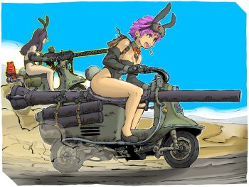 2girls blue_sky browning_m1919 canister gun highres jerry_can machine_gun manually-operated_mounted_gun military_vehicle motor_vehicle motorcycle multiple_girls on_motorcycle original road rocket_launcher short_hair sky weapon yabarn