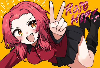Rule 34 | 1girl, absurdres, black boots, black skirt, boots, character name, commentary, fang, floating, girls und panzer, highres, jacket, knee boots, long sleeves, looking at viewer, medium hair, military uniform, miniskirt, open mouth, orange background, orange eyes, pleated skirt, red jacket, rosehip (girls und panzer), simple background, skirt, smile, solo, st. gloriana's military uniform, v, zono (inokura syuzo029)