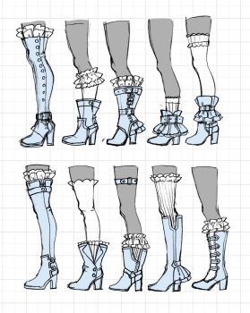 belt boots commentary_request footwear_focus frilled_boots frilled_socks frilled_thighhighs frills grid_background hatsuka5526 high_heel_boots high_heels knee_boots kneehighs original simple_background socks thigh_boots thighhighs white_thighhighs