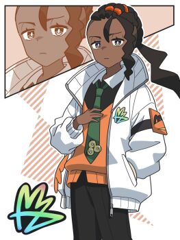 1boy black_hair black_pants closed_mouth coat collared_shirt commentary_request dark-skinned_male dark_skin dreadlocks green_necktie grey_eyes hand_in_pocket highres jacket kanbei_(pixiv11037490) long_hair long_sleeves looking_at_viewer male_focus naveen_(pokemon) necktie nintendo open_clothes open_jacket orange_sweater_vest orange_vest pants pokemon pokemon_legends:_z-a shirt sweater_vest vest white_coat white_jacket