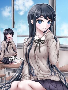 1girl :d black_skirt blue_eyes commentary_request danganronpa:_trigger_happy_havoc danganronpa_(series) day desk hair_ornament hairclip highres indoors long_hair long_sleeves maizono_sayaka moon_(moon0771110) neck_ribbon open_mouth pleated_skirt red_ribbon ribbon school school_desk school_uniform shirt sitting skirt smile white_shirt