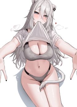 1girl absurdres ahoge animal_ear_piercing animal_ears blush bra breasts cleavage clothes_in_mouth clothes_lift commentary double-parted_bangs grey_bra grey_eyes grey_hair grey_panties hair_between_eyes highleg highleg_panties highres hololive large_breasts legs_together lion_ears lion_tail long_hair long_hair_between_eyes looking_at_viewer messy_hair mouth_hold navel official_alternate_costume outstretched_arms panties shirt shirt_in_mouth shirt_lift shishiro_botan shishiro_botan_(midnight_convenience_store) simple_background sitting solo stomach symbol-only_commentary t-shirt tail underwear virtual_youtuber wanne white_background white_shirt