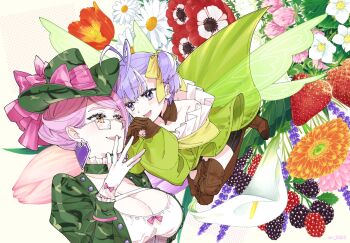 Rule 34 | 2girls, antenna hair, artist name, bare shoulders, black shorts, breasts, brown gloves, brown thighhighs, choker, cleavage, dress, earrings, fairy wings, fate/grand order, fate (series), finger to mouth, floating, floral background, flower, food, frilled choker, frills, fruit, full body, glove bow, gloves, green jacket, hair ornament, hair scrunchie, hands clasped in delight, highres, jacket, jewelry, kazuradrop (fate), koyanskaya (british lostbelt outfit) (fate), koyanskaya (fate), large breasts, leather, light blush, long sleeves, looking at another, lower teeth only, multiple girls, murian (fate), off-shoulder dress, off shoulder, open mouth, own hands clasped, own hands together, purple eyes, purple hair, ran (ran 0605), raspberry, scrunchie, shorts, smile, strawberry, studded jacket, sunflower, teeth, thighhighs, underbust, upper body, upper teeth only, white gloves, wings, yellow eyes, yellow scrunchie