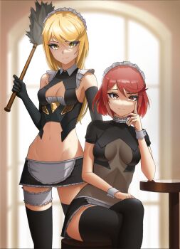 Rule 34 | 2girls, absurdres, apron, bare shoulders, black gloves, black legwear, black skirt, blonde hair, breasts, cleavage, cleavage cutout, clothing cutout, elbow gloves, frills, gloves, head on hand, head rest, highres, indoors, lem, long hair, looking at viewer, maid, maid apron, maid headdress, medium breasts, multiple girls, mythra (xenoblade), navel, orange eyes, pyra (xenoblade), red hair, short hair, sideboob, sitting, skirt, smile, standing, thighhighs, white apron, wrist cuffs, xenoblade chronicles (series), xenoblade chronicles 2, yellow eyes