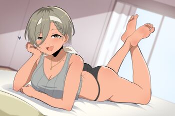 Rule 34 | 1girl, :d, ass, barefoot, breasts, cleavage, collar, collarbone, dark-skinned female, dark skin, feet, full body, girls band cry, green eyes, indoors, legs, looking at viewer, lying, mole, mole under eye, niiru96, on stomach, open mouth, panties, rupa (girls band cry), short hair, smile, soles, the pose, toes, underwear