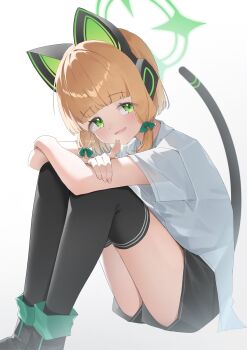 1girl :d absurdres animal_ear_headphones animal_ears black_shorts black_thighhighs blonde_hair blue_archive blunt_bangs blush bow cat_ear_headphones cat_ears cat_tail collared_shirt crossed_arms dress_shirt fake_animal_ears fake_tail feet_out_of_frame fingernails green_bow green_eyes hair_bow headphones highres hugging_own_legs index_finger_raised ixia559 knees_up leaning_forward legs looking_at_viewer medium_hair midori_(blue_archive) open_mouth pointing pointing_at_viewer shirt short_sleeves shorts sidelocks simple_background sitting smile solo tail tail_raised tareme thighhighs thighs twitter_username white_background white_shirt