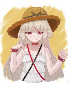 1girl absurdres bare_shoulders belt_collar black_bow black_straps blunt_bangs blush bow bracelet closed_mouth collar collarbone cropped_torso dress grey_hair hair_down hat hat_bow highres jewelry long_hair looking_at_viewer makaino_ririmu makaino_ririmu_(3rd_costume) multicolored_hair nijisanji okamoto_haru pointy_ears red_collar red_eyes red_straps red_streaks shoulder_strap sidelocks sleeveless sleeveless_dress smile solo straight_hair strap_slip straw_hat streaked_hair sundress two-tone_hair virtual_youtuber w_arms white_dress yellow_background