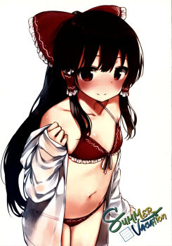 1girl absurdres bikini bow brown_hair closed_mouth collarbone cowboy_shot flat_chest frilled_bow frilled_hair_tubes frills hair_bow hair_tubes hakurei_reimu highres long_hair long_sleeves looking_at_viewer navel red_bikini red_bow red_eyes scan shirt shnva smile solo standing swimsuit third-party_source touhou white_background white_shirt