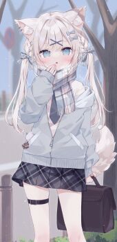 Rule 34 | 1girl, :o, animal ear fluff, animal ears, bare tree, belt, belt buckle, black belt, black necktie, blue eyes, blue sky, blurry, blurry background, blush, bow, breath, briefcase, brown hair, buckle, cellphone, cellphone charm, charm (object), commentary request, day, depth of field, dog ears, dog girl, dog tail, fingernails, fringe trim, grey bow, grey jacket, grey skirt, hair bow, hair ornament, hairclip, hand to own mouth, highres, holding, hood, hood down, hooded jacket, hoshi (snacherubi), jacket, long hair, long sleeves, looking at viewer, necktie, off shoulder, original, outdoors, pantyhose, parted lips, phone, plaid clothes, plaid scarf, plaid skirt, pleated skirt, puffy long sleeves, puffy sleeves, scarf, school briefcase, school uniform, shirt, skirt, sky, sleeves past wrists, solo, standing, tail, thigh belt, thigh strap, tree, twintails, very long hair, white pantyhose, white shirt, x hair ornament