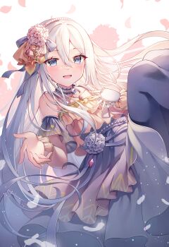 1girl :d bare_shoulders bead_hairband black_pantyhose blue_choker blue_dress blue_eyes blue_flower blush carnation_recollection_(project_sekai) choker detached_sleeves double-parted_bangs dress falling_feathers falling_petals feathers flower frilled_choker frilled_wrist_cuffs frills gin_(gin937) hair_between_eyes hair_flower hair_ornament hair_ribbon highres light_particles long_hair looking_at_viewer official_alternate_costume open_mouth pantyhose petals project_sekai ribbon smile solo very_long_hair white_background white_flower white_hair wrist_cuffs yellow_ribbon yoisaki_kanade