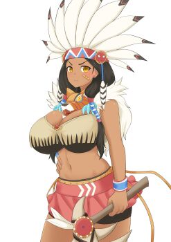 1girl absurdres axe bandaid bandaid_on_cheek bandaid_on_face bike_shorts bike_shorts_under_skirt black_bra black_hair blush bra breasts brown_eyes cleavage cowboy_shot dark-skinned_female dark_skin expressive_object feather_hair_ornament feathers groin hair_ornament hand_on_own_hip headdress highres holding holding_axe holding_weapon large_breasts linea_alba long_hair looking_at_viewer low_twintails matsuri_(senran_kagura) midriff multicolored_wristband native_american native_american_clothes native_american_headdress navel pink_skirt puffywaffles senran_kagura senran_kagura_new_wave shiny_skin simple_background skirt solo tiger_mask_(object) tomahawk tribal twintails underwear v-shaped_eyebrows warbonnet weapon white_background