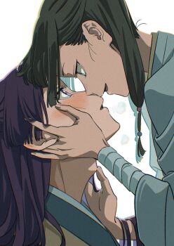 1boy 1girl absurdres aqua_eyes assertive_female bandaged_wrist bandages beads blunt_bangs blush chinese_clothes couple dangomochi2 green_hair hair_beads hair_ornament half_updo hand_in_another&#039;s_hair hand_on_another&#039;s_cheek hand_on_another&#039;s_face hetero highres imminent_kiss jinshi_(kusuriya_no_hitorigoto) kusuriya_no_hitorigoto looking_at_another maomao_(kusuriya_no_hitorigoto) parted_bangs parted_lips purple_eyes purple_hair sidelocks smile upper_body white_background