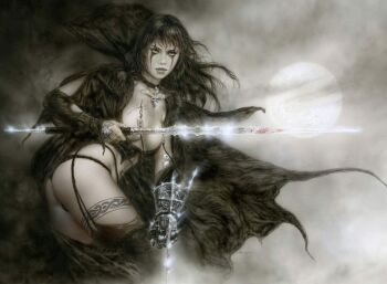 1girl black_cape black_hair black_panties black_thighhighs blood blood_splatter boots breast_tattoo breasts cape cloud collared_cape detached_sleeves facial_tattoo floating_cape gauntlets grey_eyes hashtag-only_commentary leg_tattoo lips looking_at_viewer luis_royo moon nipple_piercing nipples original panties piercing shiny_weapon signature small_breasts sword tattoo thigh_boots thighhighs traditional_media underwear weapon wire wrist_blades