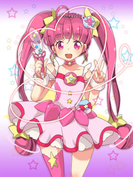1girl :d ahoge bare_shoulders blunt_bangs blush choker collarbone commentary cowboy_shot cure_star dress earrings fur_cuffs hair_ornament hands_up highres hikaru_(sgst) hoshina_hikaru jewelry long_hair looking_at_viewer magical_girl open_mouth pink_choker pink_dress pink_eyes pink_hair pink_thighhighs precure signature single_thighhigh smile solo standing star_(symbol) star_choker star_color_pen star_hair_ornament star_twinkle_precure tareme thighhighs twintails v very_long_hair wrist_cuffs