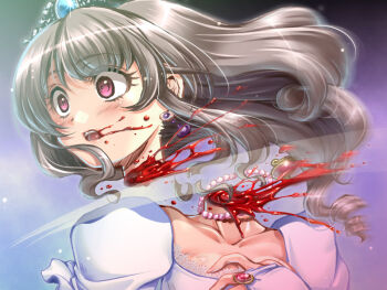 1girl blood brown_hair death decapitation earrings female_focus guro jewelry long_hair motion_blur necklace princess severed_head shuuko solo surprised