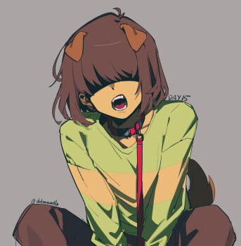 1other animal_ears brown_hair brown_pants brown_tail collar collarbone commentary covered_eyes deltanoodle deltarune dog_ears dog_tail english_commentary facing_viewer fake_animal_ears fake_tail fangs feet_out_of_frame green_shirt grey_background hair_behind_ear hair_over_eyes kris_(deltarune) leash long_sleeves open_mouth other_focus pants puffy_long_sleeves puffy_sleeves red_collar shirt short_hair simple_background solo squatting striped_clothes striped_shirt tail teeth tongue twitter_username two-tone_shirt utdr_(toby_fox) v_arms yellow_shirt