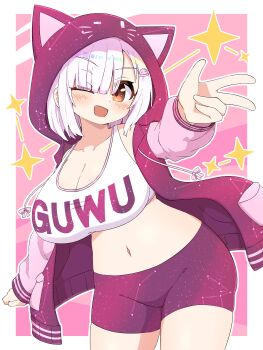 1girl absurdres animal_hood bike_shorts breasts cat_hood commission constellation_print highres hood hoodie indie_virtual_youtuber large_breasts miaguwu navel one_eye_closed short_hair skeb_commission smile tank_top ufo_hair_ornament v virtual_youtuber white_hair