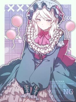 Rule 34 | 1girl, back bow, balloon, blue dress, blue eyes, bow, bowtie, closed mouth, corset, cowboy shot, dress, faust (project moon), frilled dress, frills, hat, highres, limbus company, lolita fashion, long sleeves, mob cap, petticoat, pink bow, pink bowtie, pink corset, polka dot, polka dot bow, polka dot bowtie, project moon, rug (yurari606), short hair, solo, white hair