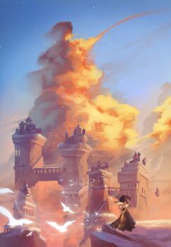 absurdres bridge building castle character_request check_character cliff cloud cloudy_sky contrail day highres outdoors scenery simple_bird sitting sky sky:_children_of_the_light sky_child star_(sky) starry_sky toebeez wide_shot wind