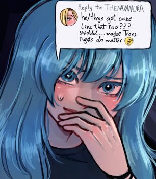 1boy ansatsu_kyoushitsu blue_eyes blue_hair blush highres livlimao long_hair looking_at_viewer male_focus shiota_nagisa shirt simple_background solo trap