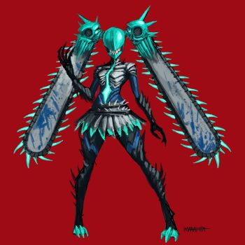 1girl absurdres aqua_hair artist_name black_footwear chainsaw chainsaw_devil chainsaw_man claws commentary english_commentary full_body fusion glowing hatsune_miku highres metal_hair no_eyes red_background robot_girl simple_background skirt solo spiked_boots spiked_skirt standing the_marahfa twintails vocaloid worldwide_miku