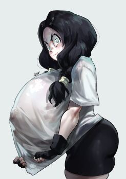 1girl absurdres alternate_breast_size_(larger) angry ass black_gloves black_hair black_shorts blue_eyes blush breasts closed_mouth constricted_pupils covered_erect_nipples cowboy_shot dragonball_z embarrassed fingerless_gloves from_side gloves grey_background highres huge_breasts long_hair looking_at_viewer low_twintails no_bra noblood_(ryandomonica) shirt short_sleeves shorts simple_background skindentation solo standing thick_thighs thighs twintails videl white_shirt