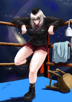 1girl ankle_boots black_boots black_hat black_jacket black_socks blue_eyes boots bougainvillea_(unnryuu) boxing_ring closed_mouth commentary_request dress_shirt frown full_body galaxy garrison_cap girls_und_panzer grey_hair hat highres itsumi_erika jacket kuromorimine_military_uniform leaning_back leg_up long_sleeves looking_at_viewer medium_hair military military_hat military_uniform miniskirt pleated_skirt red_shirt red_skirt revision shirt skirt sky socks solo standing standing_on_one_leg star_(sky) starry_sky stool towel v-shaped_eyebrows wing_collar