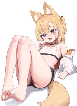 1girl :d absurdres animal_ears arm_support bare_shoulders barefoot black_collar black_panties black_shorts blonde_hair blue_eyes blush breasts character_request collar copyright_request full_body hand_up highleg highleg_panties highres jacket loli long_sleeves looking_at_viewer mannack medium_hair mesugaki micro_shorts mijung_(mannack) off_shoulder one_side_up open_clothes open_jacket open_mouth original panties reclining shorts simple_background small_breasts smile smug sports_bra tail underwear white_background white_jacket wolf_ears wolf_girl wolf_tail