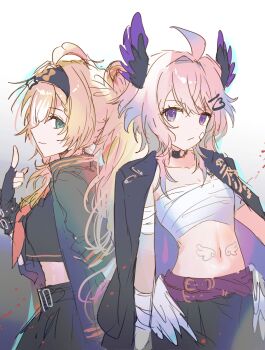 2girls :/ absurdres ahoge aqua_eyes banchou bandage_on_face bandaged_arm bandages black_serafuku chest_sarashi choker delinquent fingerless_gloves gloves hair_between_eyes head_wings highres jacket jacket_on_shoulders light_smile looking_at_viewer low_wings midriff multiple_girls navel neckerchief nijisanji nijisanji_en o-ring o-ring_choker orange_neckerchief pointing pointing_up poringo0207 purple_eyes sarashi school_uniform serafuku serious stomach_tattoo sukeban tattoo virtual_youtuber white_background wings