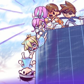 Rule 34 | 1girl, 4boys, antenna hair, aubrey (faraway) (omori), aubrey (omori), bandaged head, bandages, bandaid, bandaid on cheek, bandaid on face, bandaid on nose, barefoot, basil (faraway) (omori), basil (omori), black eyes, black hair, black shoes, blonde hair, blue eyes, blue hairband, blue sky, blue sweater, brothers, brown hair, bruise, bruised eye, chibi, chibi only, cloud, cloudy sky, dark-skinned male, dark skin, day, double-parted bangs, eyepatch, grabbing another's arm, grey pants, hair between eyes, hairband, hero (faraway) (omori), hero (omori), highres, hospital gown, human chain, injury, kel (faraway) (omori), kel (omori), laser-lance, long hair, long sleeves, medical eyepatch, multiple boys, omori, open mouth, orange shoes, orange shorts, outdoors, pants, pink hair, railing, shoes, short hair, shorts, siblings, sidelocks, sky, sneakers, spoilers, sunny (hospital gown) (omori), sunny (omori), sweatdrop, sweater, teeth, upper teeth only, upside-down