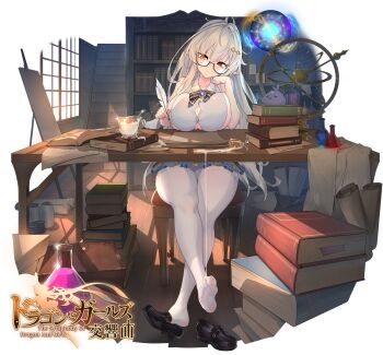 1girl bad_id bad_pixiv_id black_shoes blonde_hair book breasts character_request copyright_name glasses hair_ornament highres indoors large_breasts long_hair pantyhose pointy_ears potion quill red_eyes shoes sitting skirt soles suerte table the_symphony_of_dragon_and_girls unworn_shoes white_pantyhose yellow_eyes