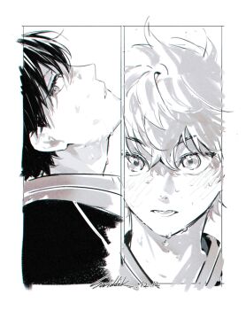 Rule 34 | 2boys, blush, border, greyscale, haikyuu!!, hair between eyes, hinata shouyou, kageyama tobio, karasuno volleyball uniform, male focus, monochrome, multiple boys, sanddek, short hair, signature, sweat, very sweaty, white border