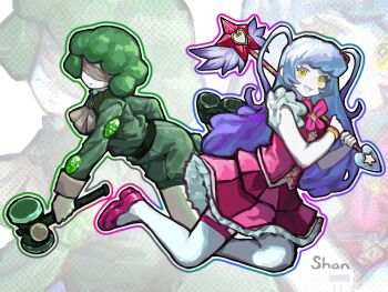 Rule 34 | 2girls, artist name, ascot, belt, blindfold, blue hair, bow, bowtie, colored skin, dress, feathers, frills, full body, gem, green hair, green jacket, green jumpsuit, halftone, halftone background, hammer, heart, highres, holding, holding hammer, holding wand, jacket, jumpsuit, library of ruina, lobotomy corporation, long hair, looking at viewer, magical girl, multiple girls, open mouth, outline, pink bow, pink bowtie, pink dress, pink shoes, pink skirt, project moon, queen of hatred, servant of wrath, shan23852196, shirt, shoes, short hair, skirt, smile, star (symbol), star wand, thigh strap, thighhighs, two side up, wand, white skin, yellow eyes, zoom layer