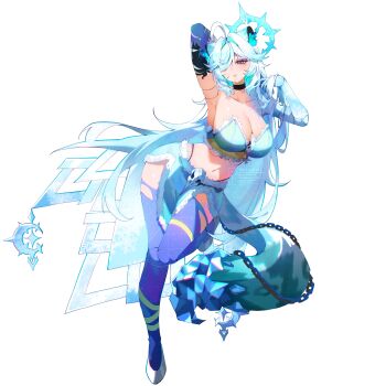 Rule 34 | 1girl, absurdres, ahoge, animal ears, arm behind head, armpits, artist name, black choker, blue eyes, blue skirt, breasts, choker, cleavage, collarbone, commentary, commission, english commentary, fur-trimmed skirt, fur trim, hair intakes, hair over one eye, halo, highres, indie virtual youtuber, large breasts, long hair, mimi2001vr, navel, saliva, shoes, skeb commission, skirt, snow leopard ears, snow leopard girl, snow leopard tail, snowflake print, solo, stomach, tail, twitter username, virtual youtuber, weiic, white background, white hair, white shoes